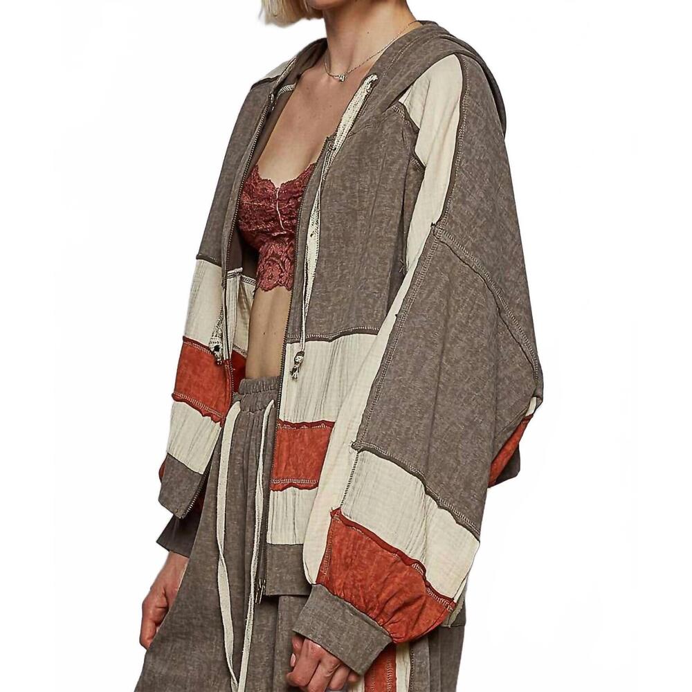 NEW POL vintage washing double gauze patch solid hooded zip up top in charcoal - Picture 4 of 7